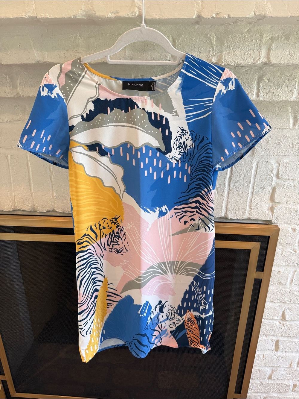 MINKPINK Blue Pink Yellow Tropical Tiger Print Short Sleeve Dress